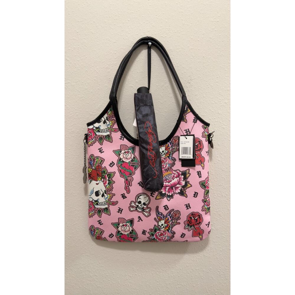 NWT Ed Hardy Pink Skull & Floral Tote Bag with Matching Umbrella Set
